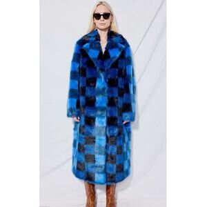 STAND STUDIO Women's Mio Blue Black Checkered Faux Fur Trench Coat Size XS
